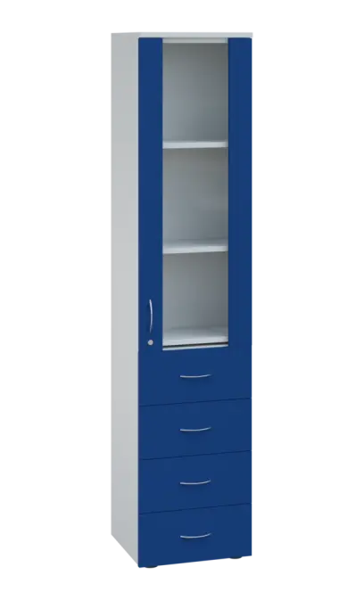 LE - 44 skříň léková prosklená, pravá, korpus bílý, dvířka královská modř